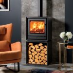 Modern stove with logs and flames.