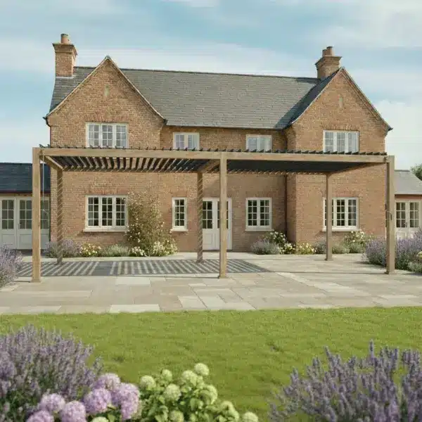 Modern pergola beside a traditional house.