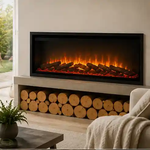 Wide electric fire in a bright modern living room