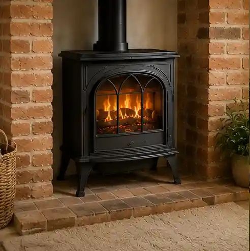 Gas stove installed within a brick fireplace