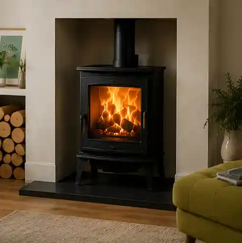 Multi fuel stove in a modern living room
