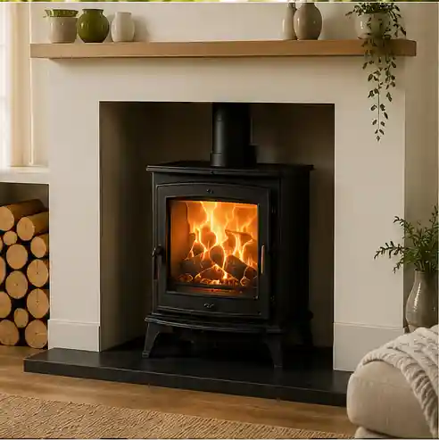 Wood burning stove in a bright modern fireplace