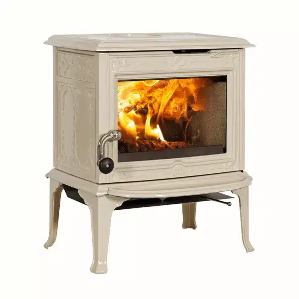 Jotul F100 ECO 2 Wood Burning Stove With Long Legs and Plain Door In Ivory Enamel
